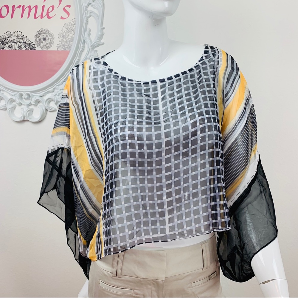 Energe / Sheer Black White Yellow Butterfly Top
